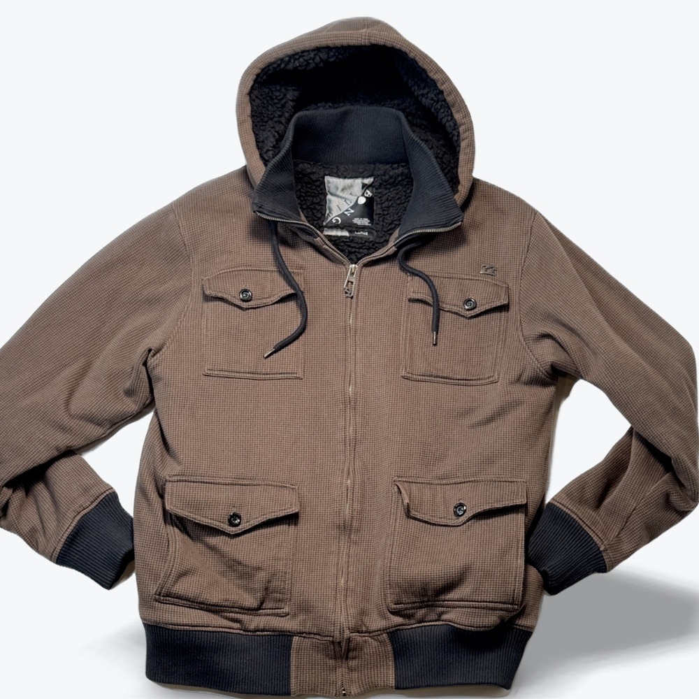 Billabong Jacket Sherpa Lined Hoodie Waffle Knit Full Zip Brown Surf Warm Large